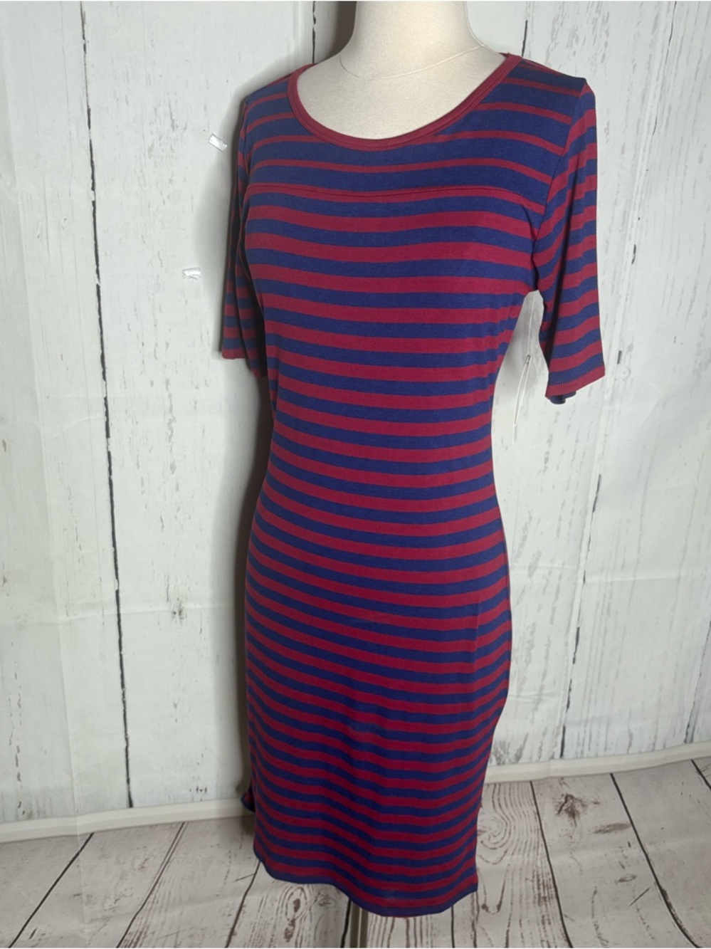 LuLaRoe Julia Dress - Burgundy & Navy Stripes